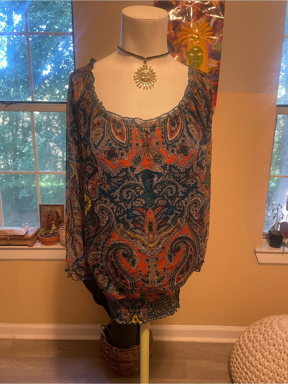 INC International Concepts Teal & Orange Paisley Off-Shoulder Top